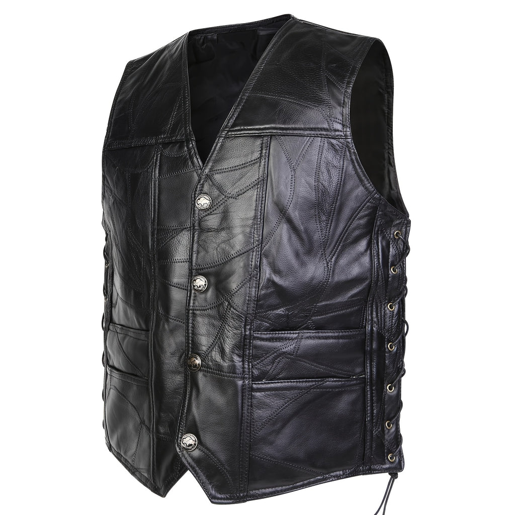 1pc Veste sans Manches en Similicuir ICEBANNER pour Homme, Veste Motocross Clubwear à Boutons-Pression et Lacets Réglables avec Poches Cachées, 100% Similicuir