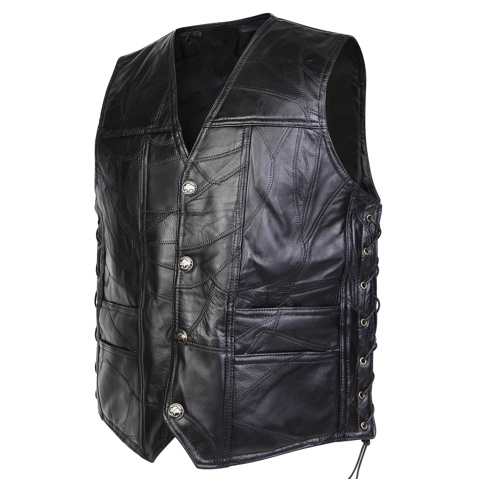 1pc Veste sans Manches en Similicuir ICEBANNER pour Homme, Veste Motocross Clubwear à Boutons-Pression et Lacets Réglables avec Poches Cachées, 100% Similicuir