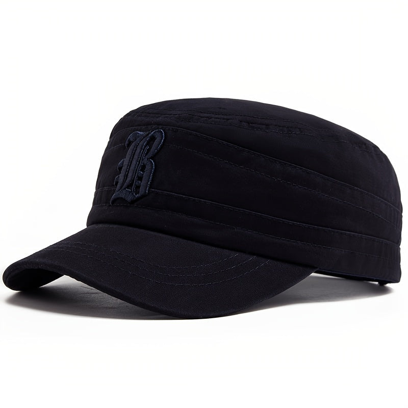 Men'S Embroidered Casual Flat Cap, 100% Polyester, Vintage Style, Solid Color, Soft Fabric, Non-Stretch, with Adjustable for Spring and Autumn