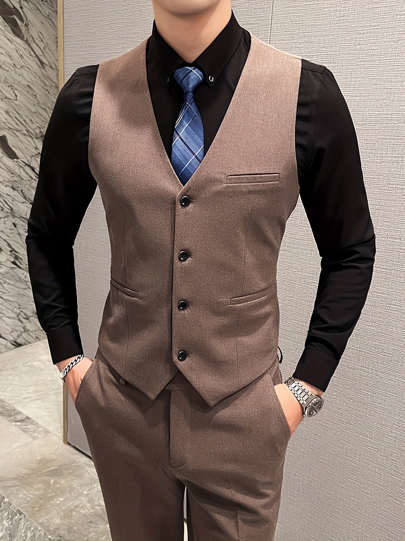 Ensemble Costume Homme Slim Fit Business Casual Trois Pièces - Tenue Formelle Élégante pour Printemps\u002FÉté, Inclut Veste + Gilet + Pantalon (Sans Boutons de Manchette) ! Foulard Offert Aléatoirement