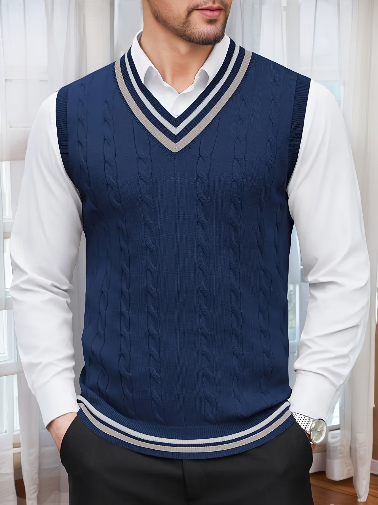 Gilet Homme Sans Manches Col en V Tricoté, Design Décontracté et Rétro, Idéal pour l'Automne et l'Hiver, Parfait pour un Look Décontracté et Sophistiqué en Toute Occasion