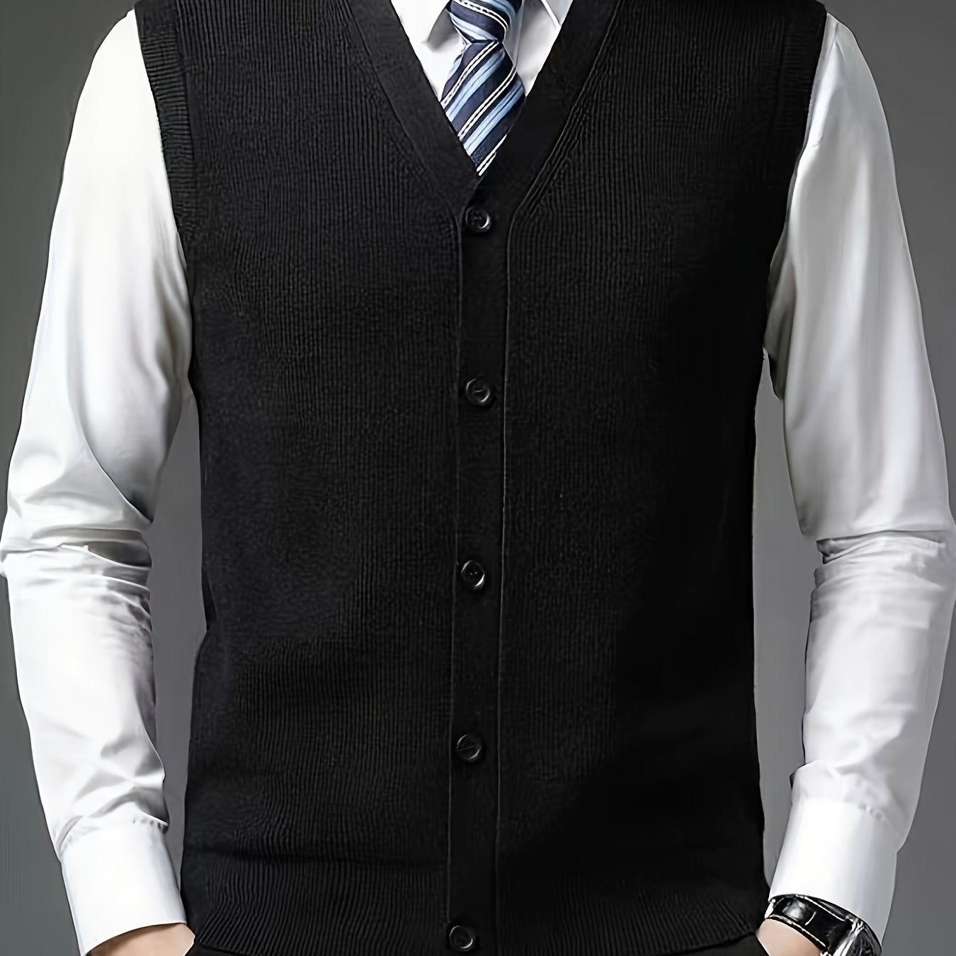 Gilet à col en V de couleur unie tricoté confortable et à la mode pour hommes 1 pièce (Jiang Xuyu)