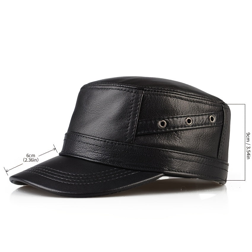 Premium Sheepskin Baseball Cap for Men - Fashionable Flat Brim Hat, Thin Design for Spring & Fall, Casual Outdoor Duckbill Cap for Middle-Aged Adults, Visor Cap | Sleek Headgear | Sleek Leather Ha
