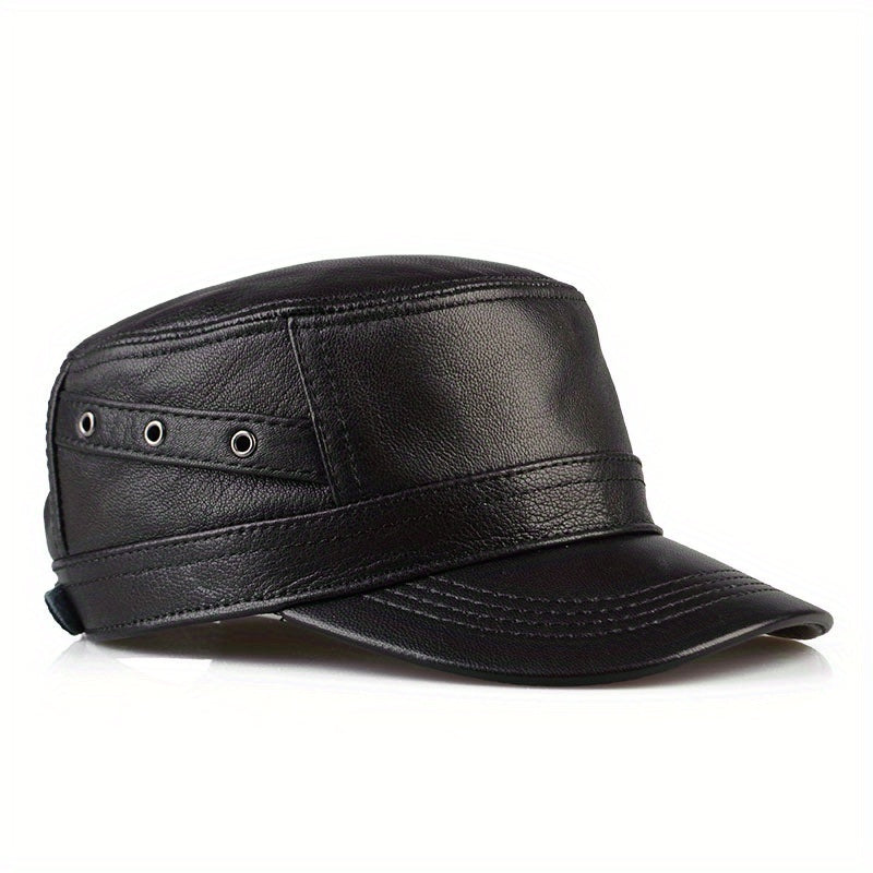 Premium Sheepskin Baseball Cap for Men - Fashionable Flat Brim Hat, Thin Design for Spring & Fall, Casual Outdoor Duckbill Cap for Middle-Aged Adults, Visor Cap | Sleek Headgear | Sleek Leather Ha