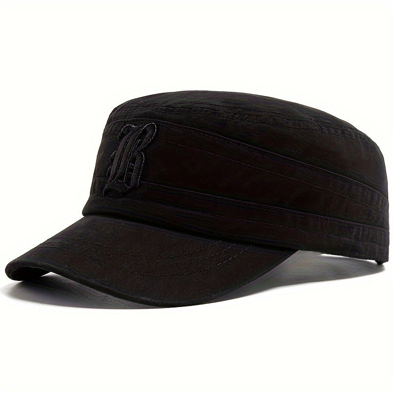 Men'S Embroidered Casual Flat Cap, 100% Polyester, Vintage Style, Solid Color, Soft Fabric, Non-Stretch, with Adjustable for Spring and Autumn