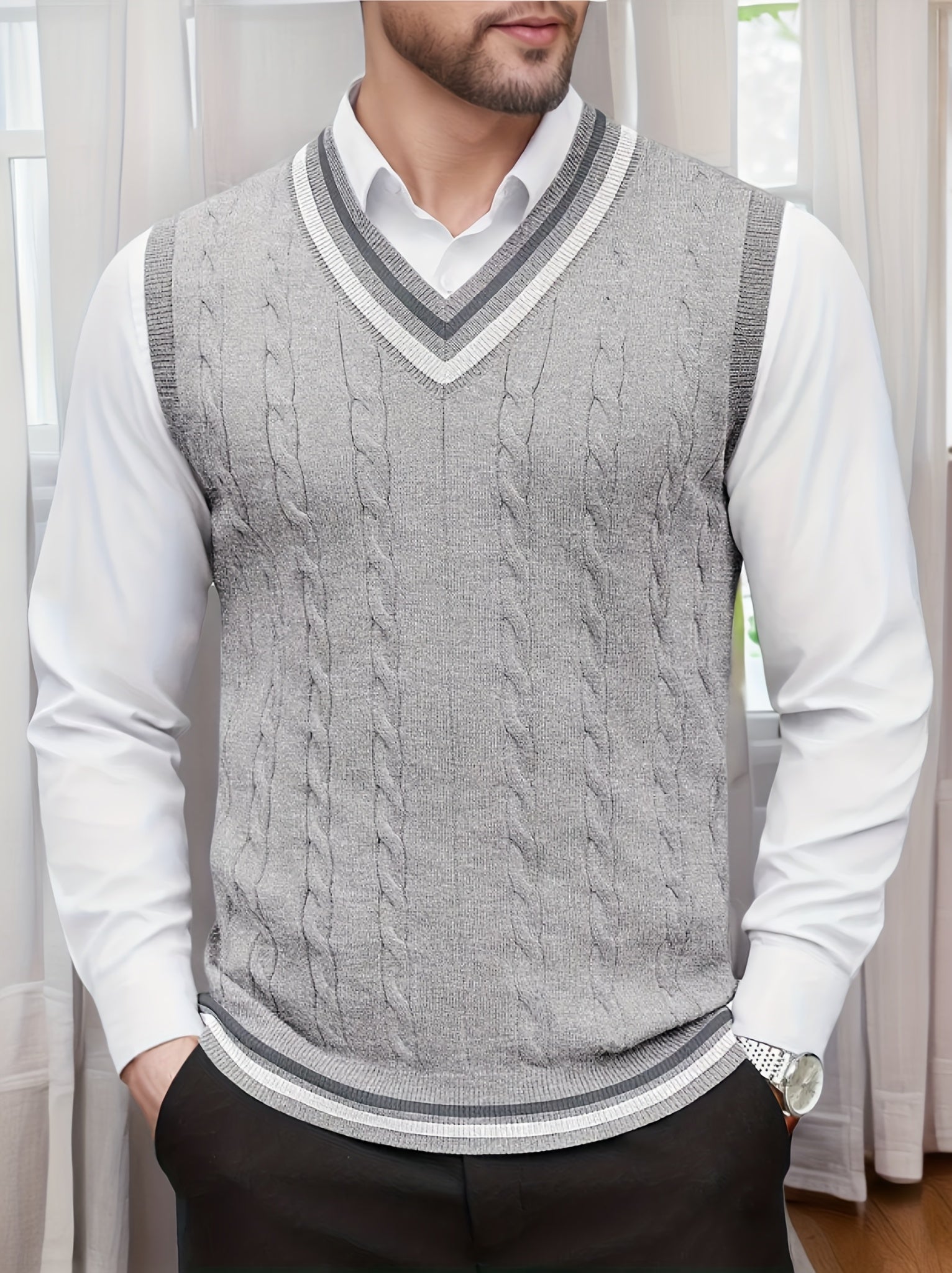 Gilet Homme Sans Manches Col en V Tricoté, Design Décontracté et Rétro, Idéal pour l'Automne et l'Hiver, Parfait pour un Look Décontracté et Sophistiqué en Toute Occasion