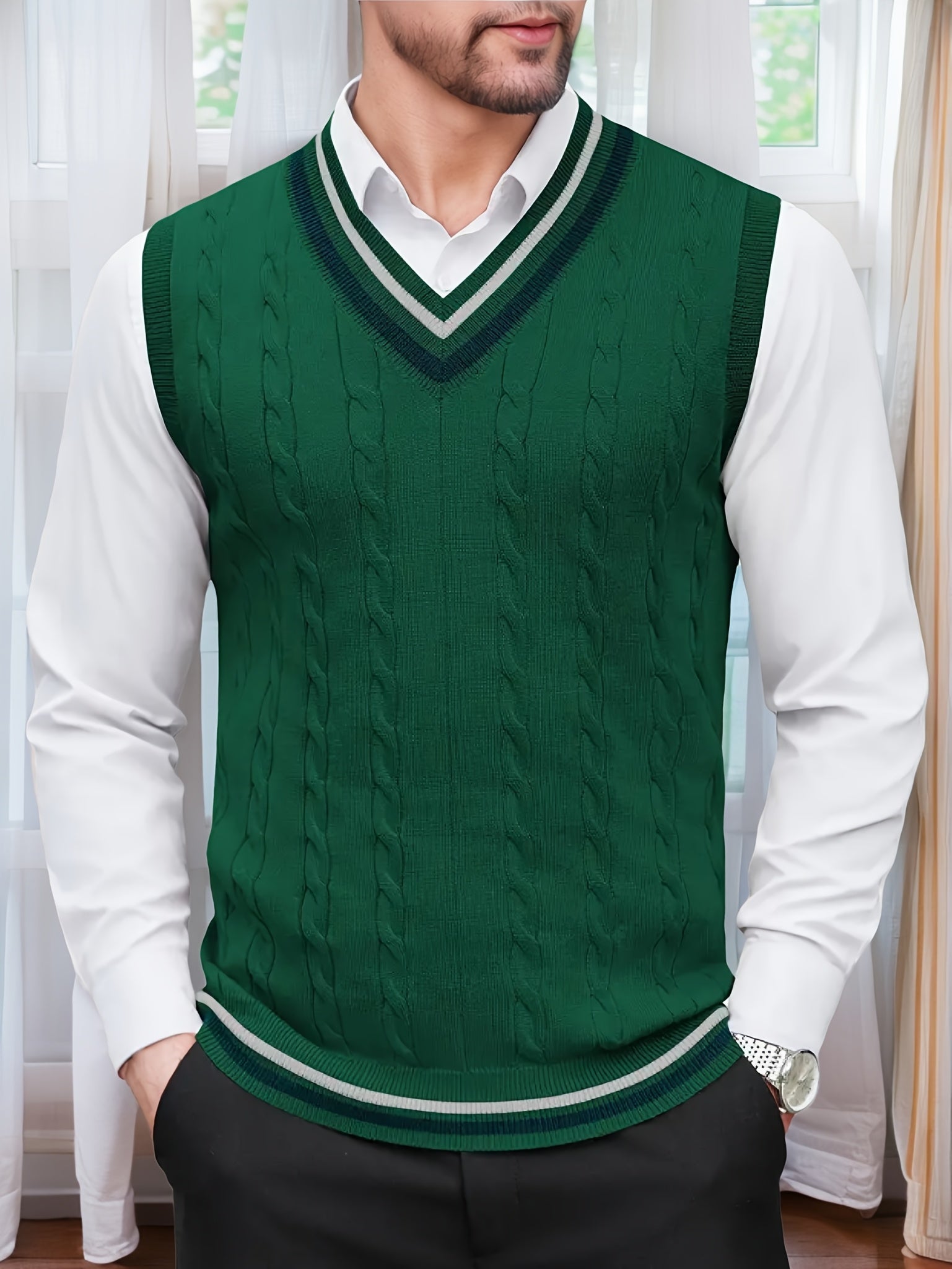 Gilet Homme Sans Manches Col en V Tricoté, Design Décontracté et Rétro, Idéal pour l'Automne et l'Hiver, Parfait pour un Look Décontracté et Sophistiqué en Toute Occasion