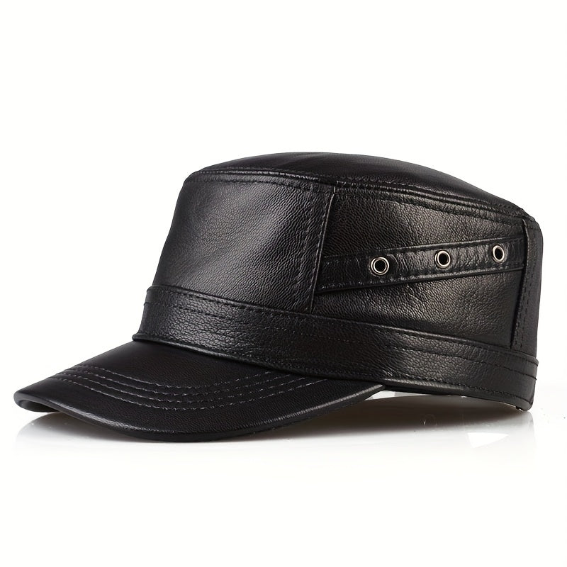 Premium Sheepskin Baseball Cap for Men - Fashionable Flat Brim Hat, Thin Design for Spring & Fall, Casual Outdoor Duckbill Cap for Middle-Aged Adults, Visor Cap | Sleek Headgear | Sleek Leather Ha