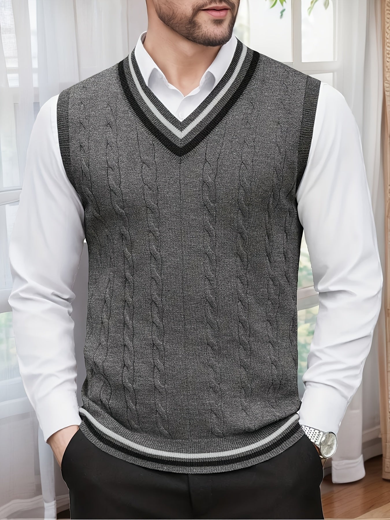Gilet Homme Sans Manches Col en V Tricoté, Design Décontracté et Rétro, Idéal pour l'Automne et l'Hiver, Parfait pour un Look Décontracté et Sophistiqué en Toute Occasion