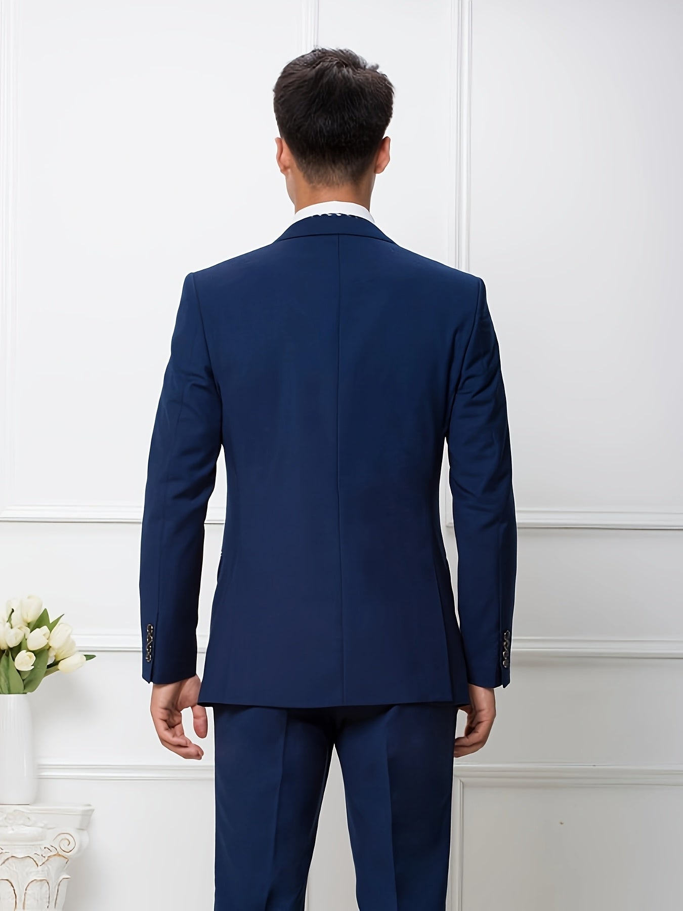 3-Piece Men's Classic Black Suit Set - Long Sleeve Blazer, Vest & Pants with Pockets, Button Details, Non-Stretch Polyester Fabric, Perfect for Weddings, Business Meetings & Formal Events